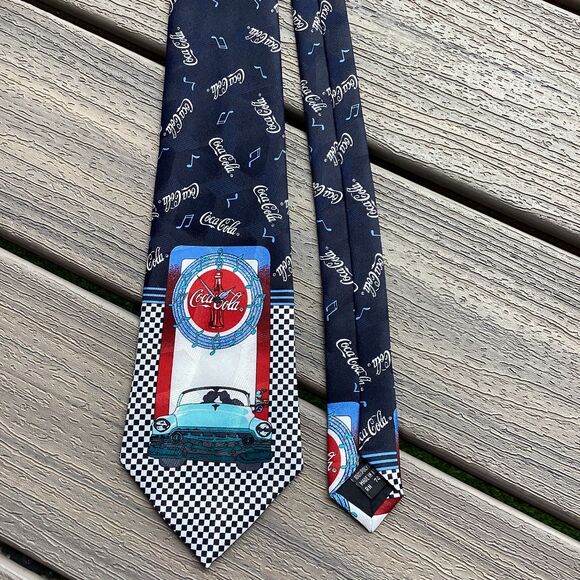 Coca Cola Necktie Classic Car & Musical Notes Graphic Novelty Tie - Picture 1 of 4